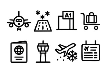 Various travel icons showcase key elements like flights, luggage carts, passports, snow, and airport signage. Perfect for illustrating travel-related themes and services.