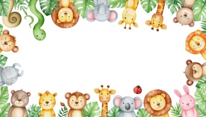 Watercolor Adorable Jungle Animals and Tropical Leaves Frame Illustration