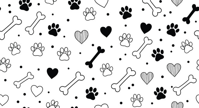 Dog paw prints, hearts, bones, and dot seamless pattern on a white background