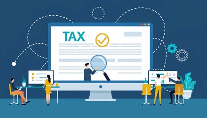 Flat Style Illustration Tax Preparation Process with Financial Analyst Teamwork