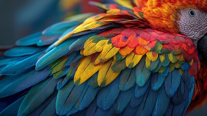 Obraz premium Close-up of the vibrant, colorful plumage of a Scarlet Macaw parrot.