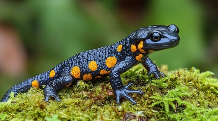 Obraz premium Close - up of a Fire - Bellied Newt with Orange and Black Spots on Mossy Ground