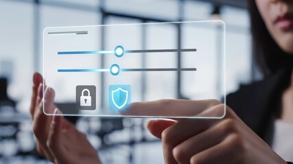 Hands interact with transparent digital security interface featuring lock icons, shield symbols and blue adjustment sliders. Cybersecurity control panel enables privacy settings configuration, data - Powered by Adobe