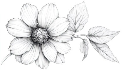 Monochrome Botanical Illustration of Flower with Leaves