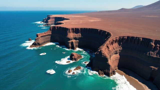 Aerial view of coastline with cliffs and ocean below, suitable for travel or landscape use