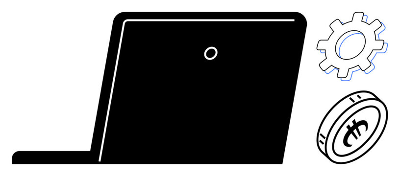 Laptop silhouette with gear and coin symbolizing technology, cryptocurrency, and financial operations. Ideal for technology, innovation, finance, cryptocurrency, productivity, automation simple flat