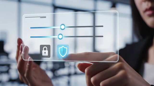 Hands interact with transparent digital security interface featuring lock icons, shield symbols and blue adjustment sliders. Cybersecurity control panel enables privacy settings configuration, data