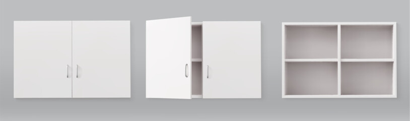 3D white kitchen cabinets with empty shelves. Vector realistic set of cupboard mockups with open and closed doors, home or office furniture for storage, wooden wall bookcase, interior design elements