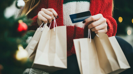 A young Caucasian woman with long hair holds shopping bags and a credit card.