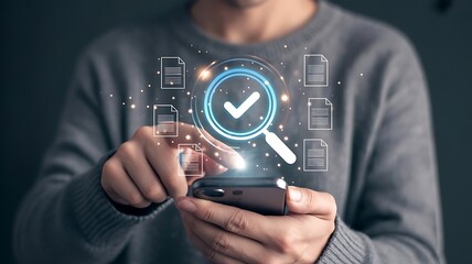 Digital document verification concept. Businessman using smartphone with a magnifying glass and checkmark symbol. Representing secure file approval