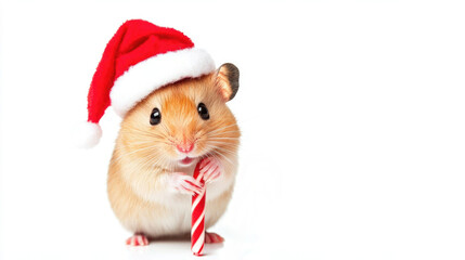 A cute golden hamster wearing a red Santa hat holds a candy cane.