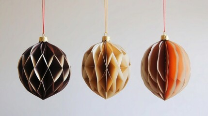 Three decorative paper ornaments in brown, beige, and orange colors.