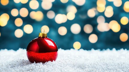 A red Christmas ornament sits on a bed of white snow.