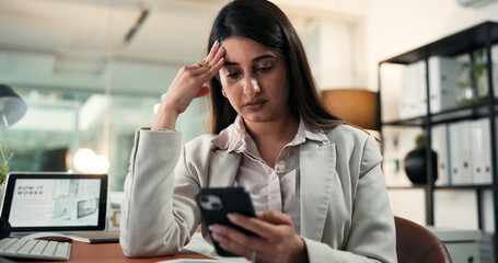 Business, woman or stress with phone notification for financial loss, trading mistake or debt at...