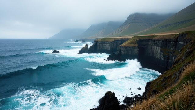 Aerial view of ocean from a rocky cliff, with waves crashing against the shore - Powered by Adobe