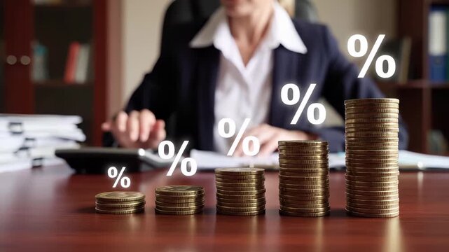 Stacked coins with percentage symbols illustrate interest rate growth concept. Financial advisor calculates investment returns, loan rates, mortgage percentages, savings accumulation, and banking