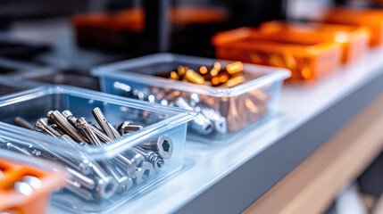 Fototapeta premium clear plastic boxes with sorted nails, screws, and bolts in a store display, organized and well-lit