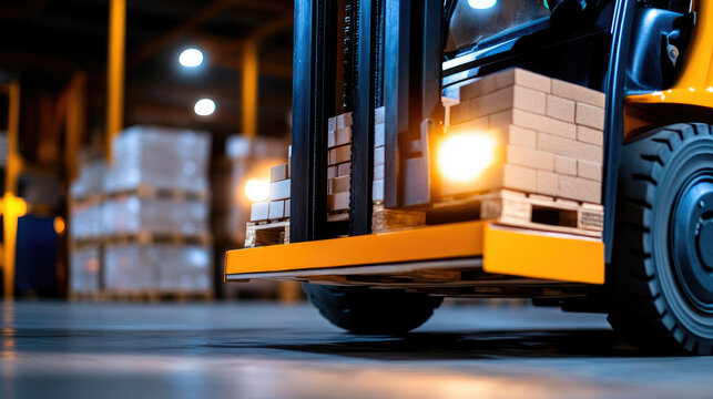 close-up of pallet jack moving heavy materials for delivery in indoor warehouse scene
