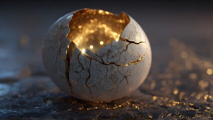 Cracked sphere with golden light emanating from within, on a dark surface.