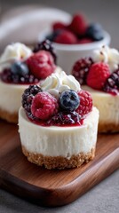Delicious mini cheesecakes with fresh berries topped with whipped cream on a wooden platter