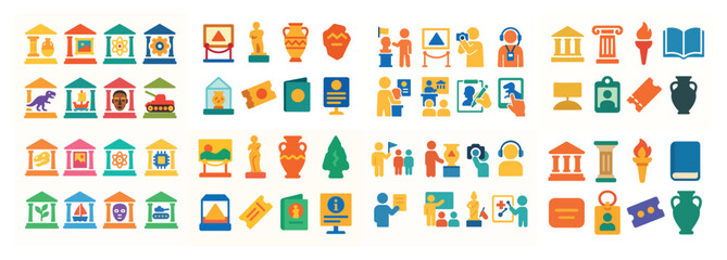 Colorful museum icons featuring artifacts and visitors