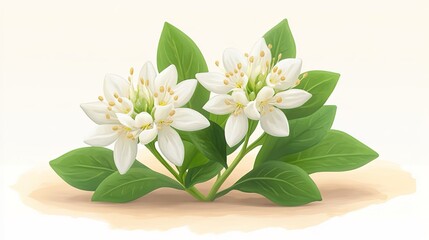 Two White Flowers with Green Leaves on a Light Background
