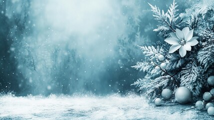 Snow - covered Pine Branch with Poinsettia and Ornaments in a Misty Winter Scene