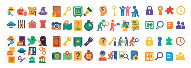 Colorful puzzle and mystery icons collection