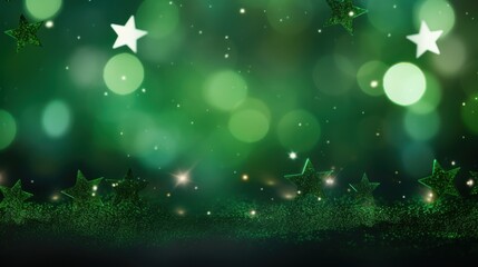 Glittering green bokeh background with twinkling stars and sparkles