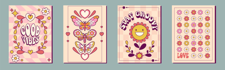 Naklejka premium Groovy retro posters with flower patterns, butterfly motifs and vintage typography in pink and yellow pastel colors. Psychedelic 70s graphic designs with smiling daisies and moths for nostalgic print.