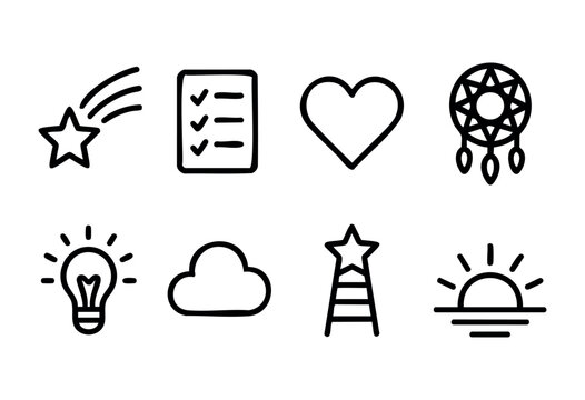 This collection features eight doodle icons, including a star, checklist, heart, dreamcatcher, light bulb, cloud, ladder, and sunset. Each icon represents different aspects of creativity and positivit