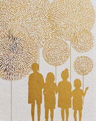 Golden-toned illustration of children holding sparklers at a New Year celebration, soft pastel lights, stylised cartoon, whimsical festive scene, clean composition