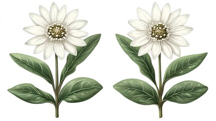 Set of Watercolor White Flowers with Green Leaves