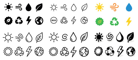 Eco symbols collection: sun, leaf, recycle, energy icons