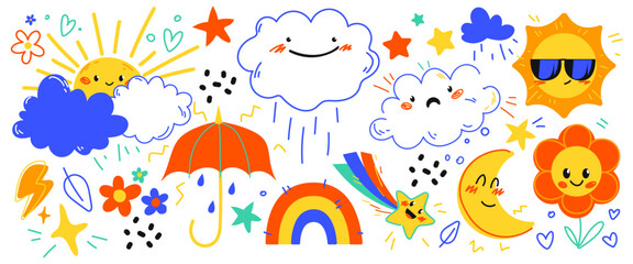 Cute weather character set with cartoon sun and moon, cloud, rainbow and rain icons for kid design. Smiling celestial elements and colorful umbrella in hand drawn doodle style. Playful childish vector