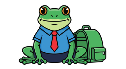 Obraz premium A cartoon frog dressed in a blue shirt and red tie, sitting next to a green backpack.