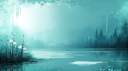 Teal - toned Misty Lake Landscape with White Flowers and Forest in Background