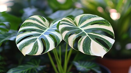 Variegated Monstera Deliciosa Leaves in Close - up