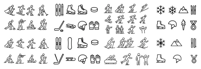 Winter sports icons set: skiing, skating, and hockey