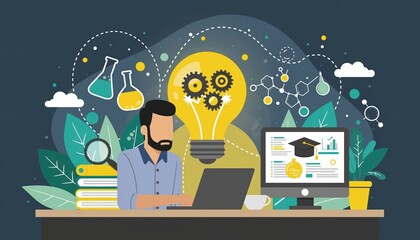Creative Flat Illustration of Man Working on Laptop with Education Theme