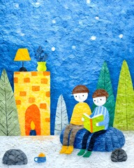 Children reading holiday books by a cosy fireplace, pastel muted tones, stylised cartoon illustration, soft shadows, high-detail 8K resolution, warm festive atmosphere, charming seasonal scene.