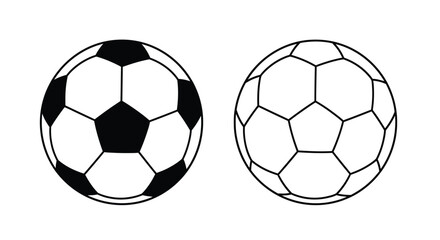 Two classic soccer balls, one black and white, the other an outline, showing the pentagonal and hexagonal pattern.