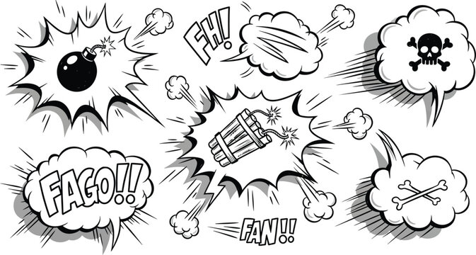 Explosions with Dynamites and Skulls in Comic Book Style on Transparent Background