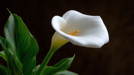 Elegant calla lily blossom showcasing its delicate white petals and vibrant yellow center against a dark background