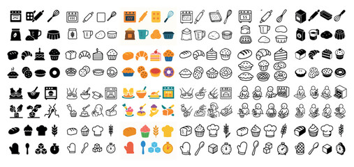 Colorful bakery icons and kitchen utensils collection