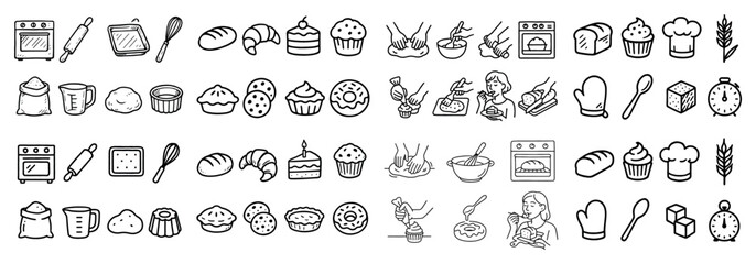 Baking tools and pastries icon set