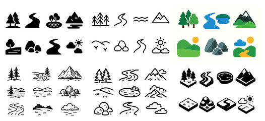 Nature icons collection of trees, rivers, and mountains