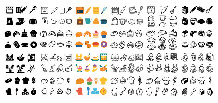Colorful bakery icons and kitchen utensils collection