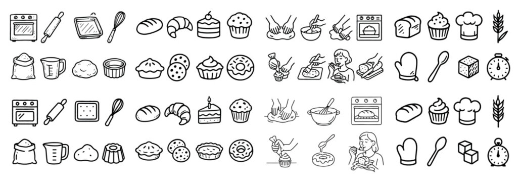 Baking tools and pastries icon set