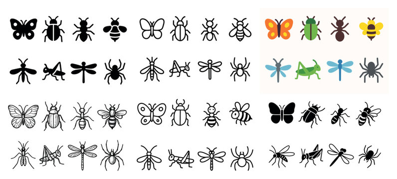 Insect icons: butterflies, bees, ants, dragonflies, spiders
